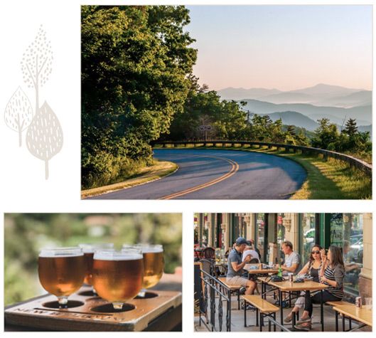 Scenes from Asheville like the Blue Ridge parkway, a flight of craft beer and downtown dining