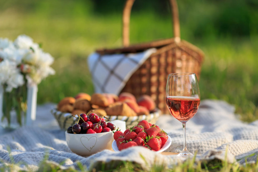 picnic with strawberries and cherries