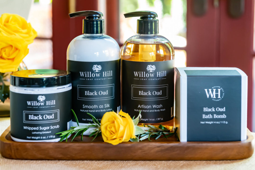 Willow hill Bath products on a wood tray