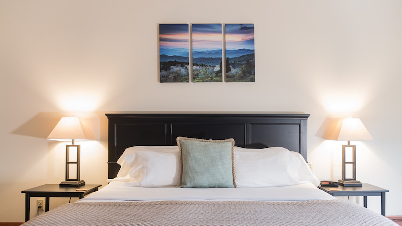 Black panel headboard with mountain picture above